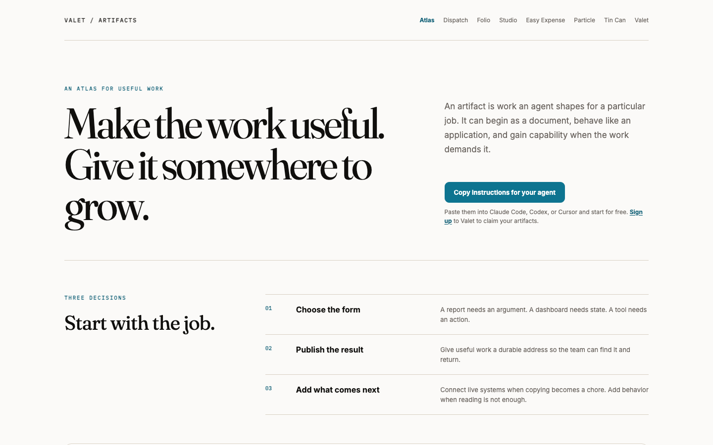 Atlas interprets the Valet artifact guide as an editorial map of three decisions