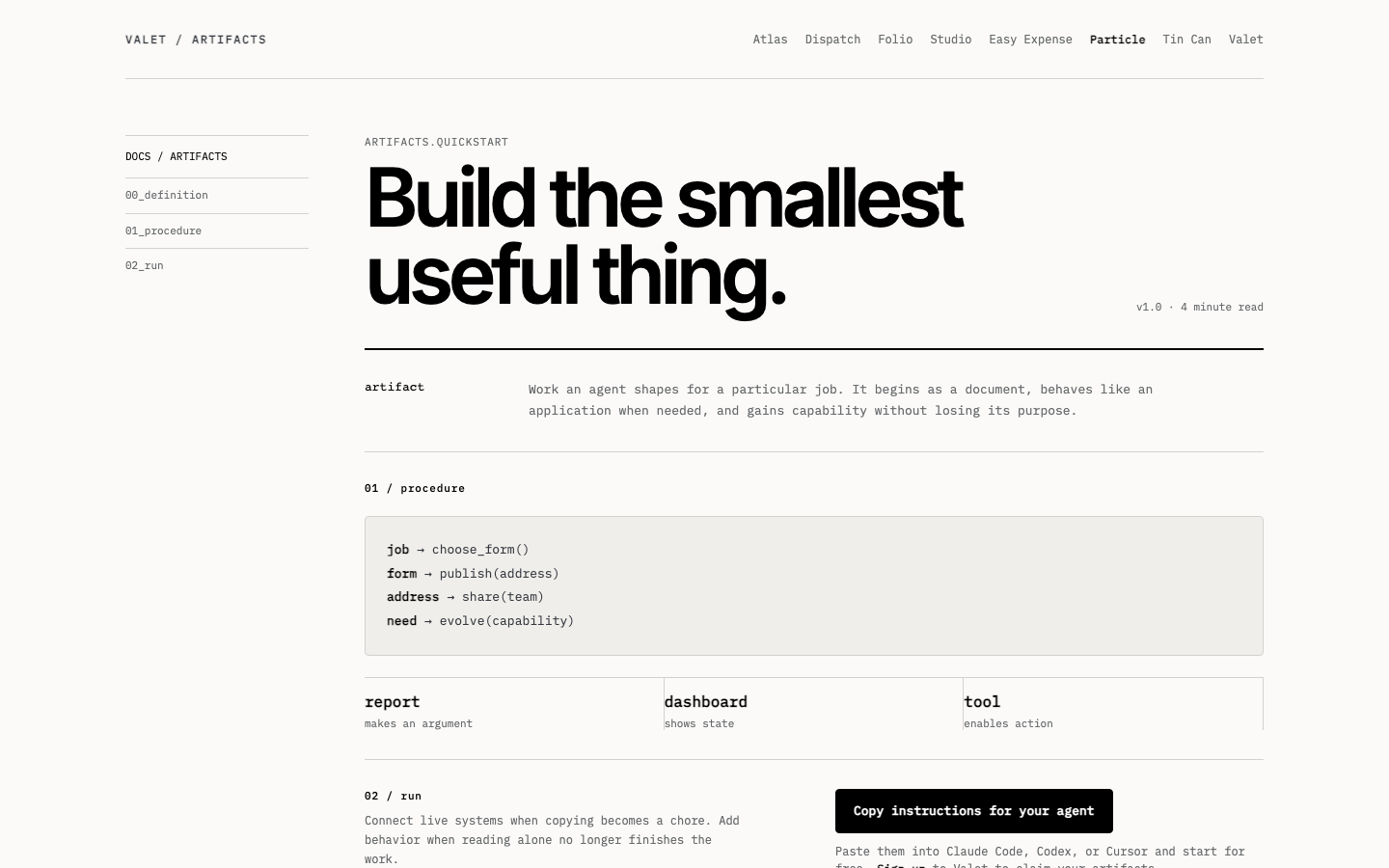 Particle interprets the Valet artifact guide as a compact technical quickstart