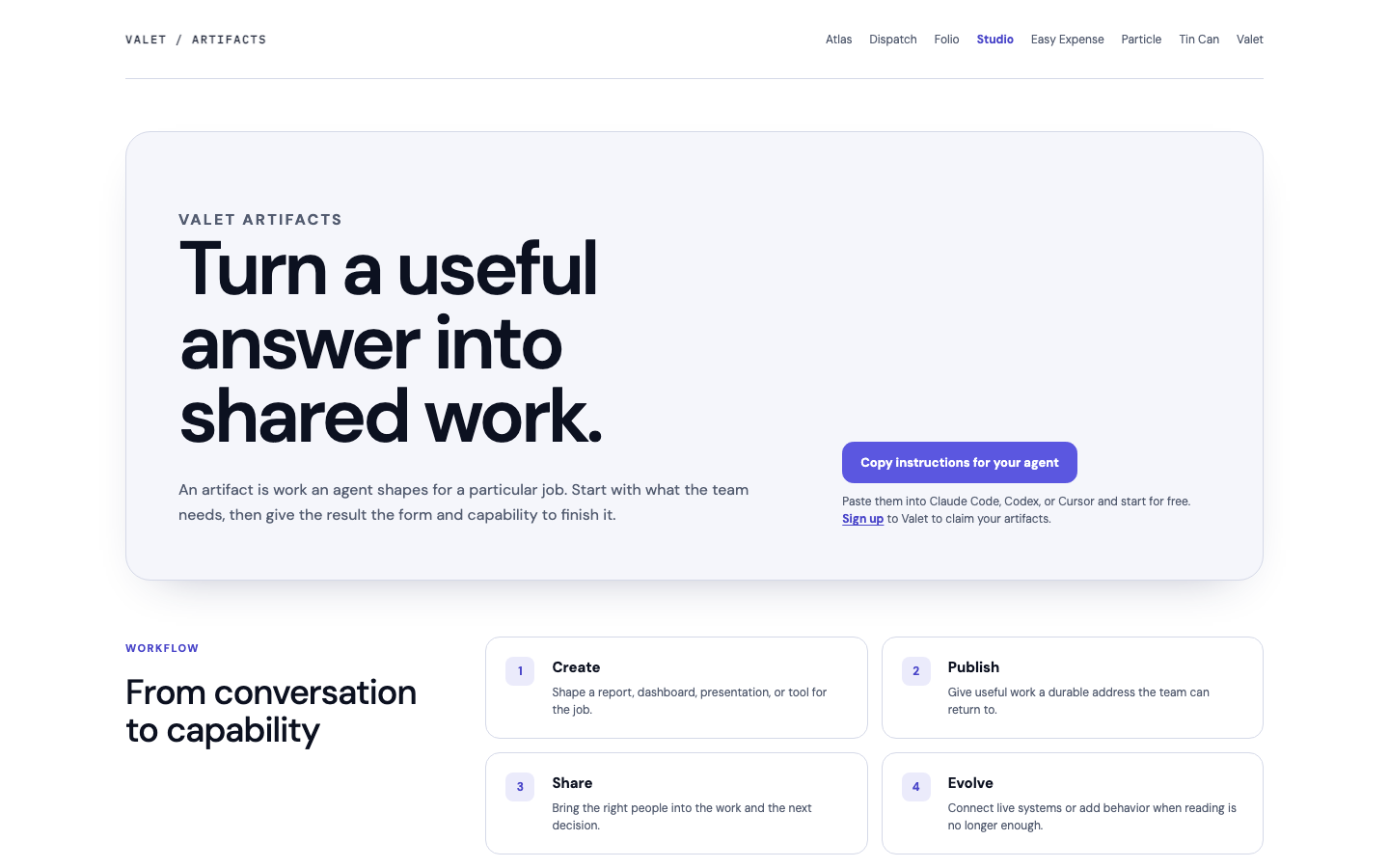 Studio interprets the Valet artifact guide as a four-step product workflow