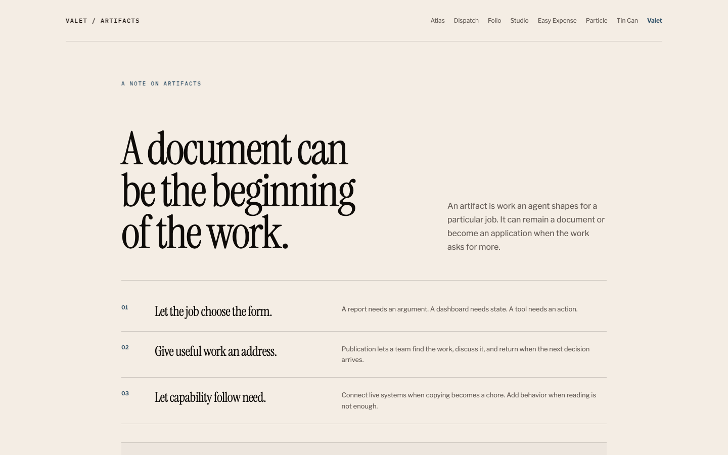 Valet interprets the Valet artifact guide as an editorial business memo