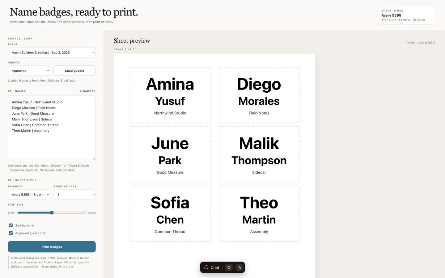 Name badge maker connected to Luma with Agent Builders Breakfast selected and six fictional attendees loaded