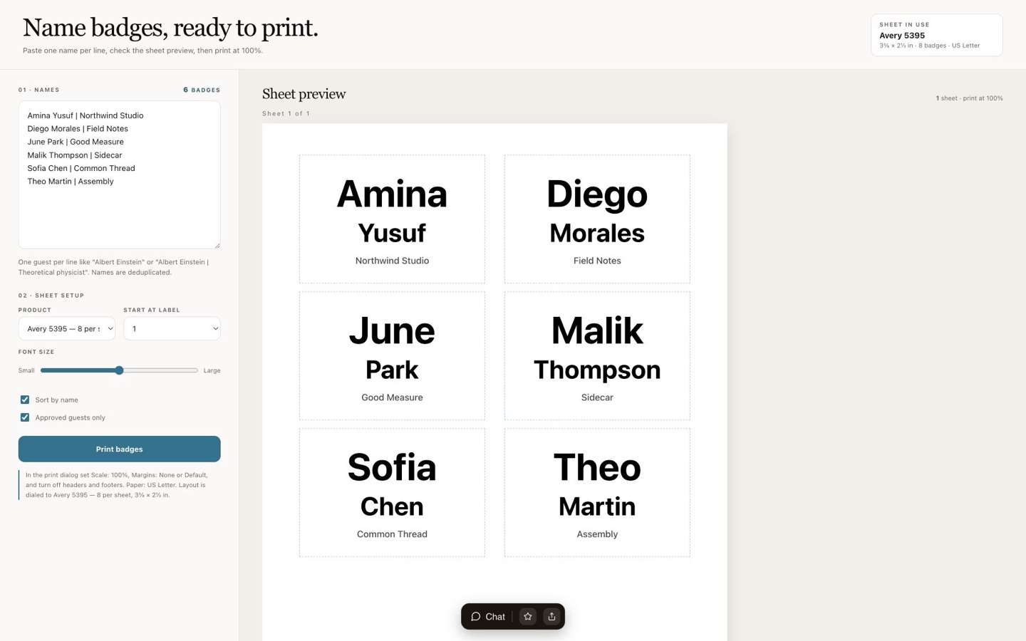 Name badge maker with six fictional attendees and a print preview for Avery 5395 labels